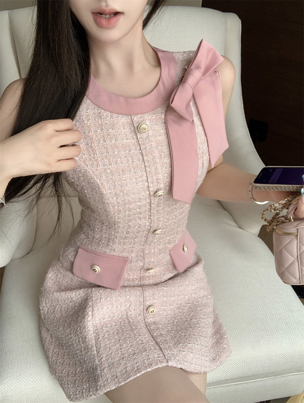 Pastel Pink Sleeveless Tweed Dress with Bow Shoulder