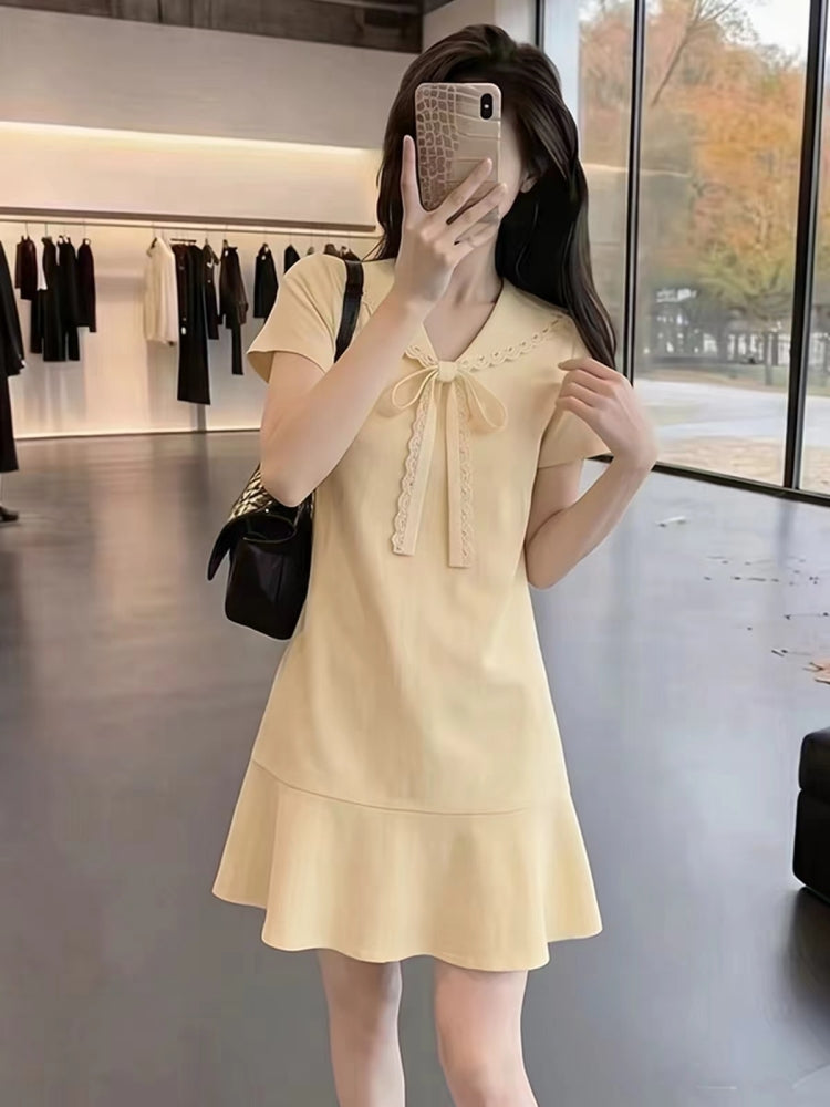 Pastel Yellow Bow Collar Mermaid Hem Dress
