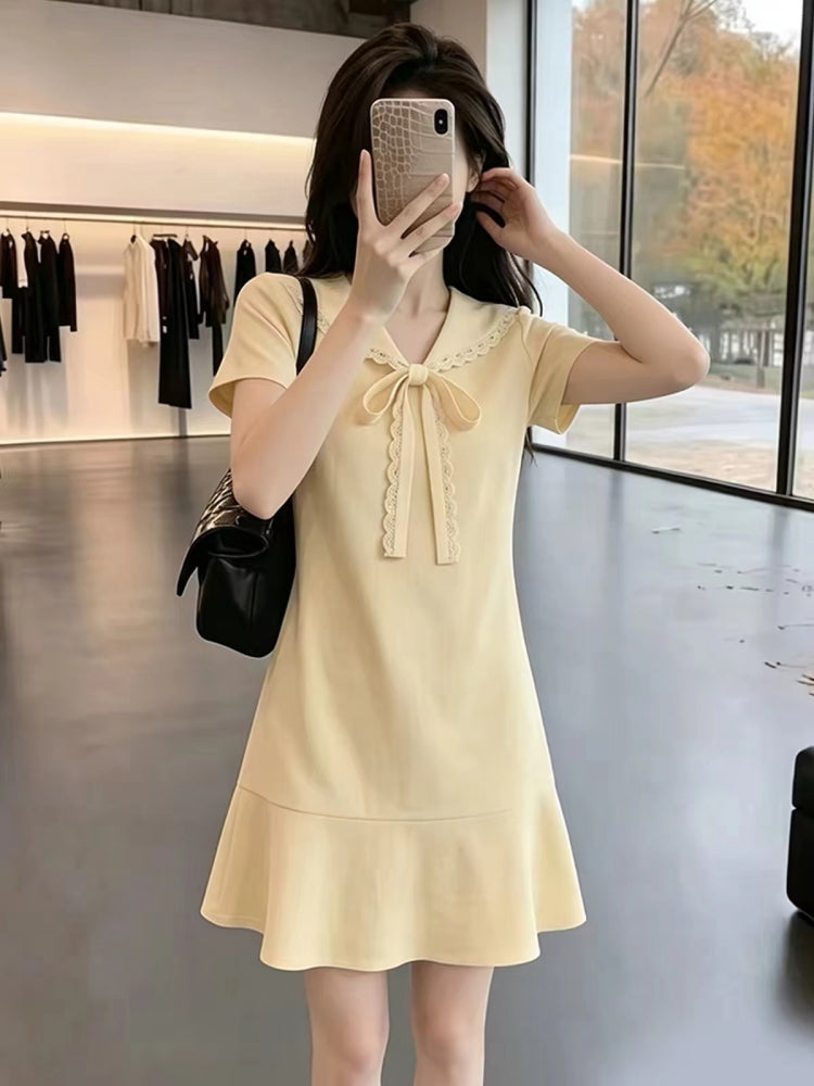 Pastel Yellow Bow Collar Mermaid Hem Dress
