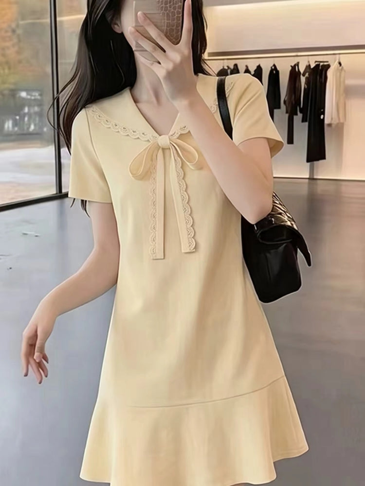 Pastel Yellow Bow Collar Mermaid Hem Dress