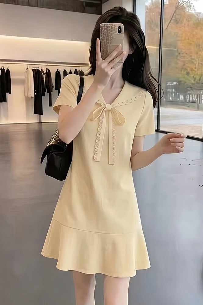 Pastel Yellow Bow Collar Mermaid Hem Dress