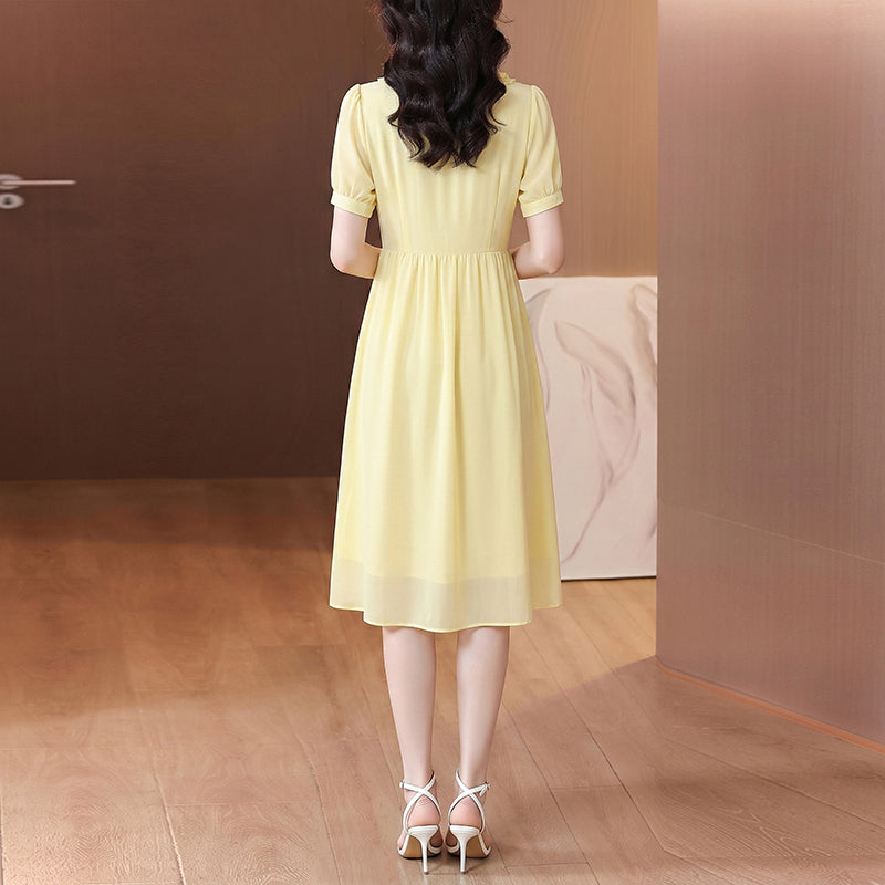 Pastel Yellow Chiffon Midi Dress - Ruffled Collar Short Sleeve A-Line Dress