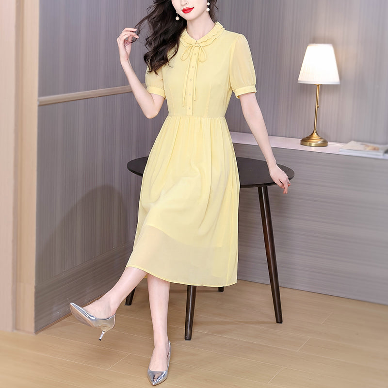 Pastel Yellow Chiffon Midi Dress - Ruffled Collar Short Sleeve A-Line Dress