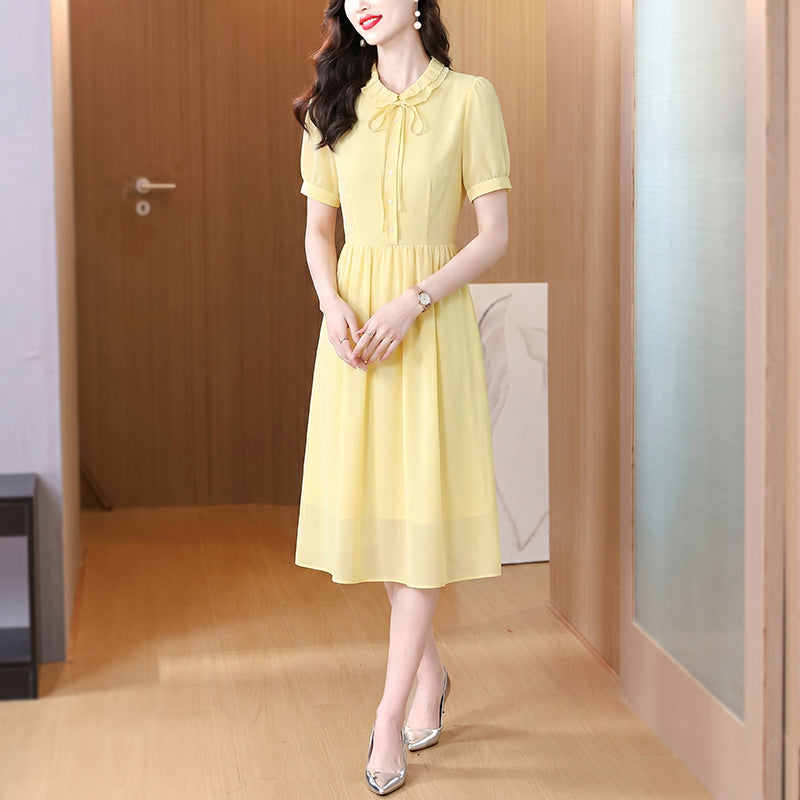 Pastel Yellow Chiffon Midi Dress - Ruffled Collar Short Sleeve A-Line Dress