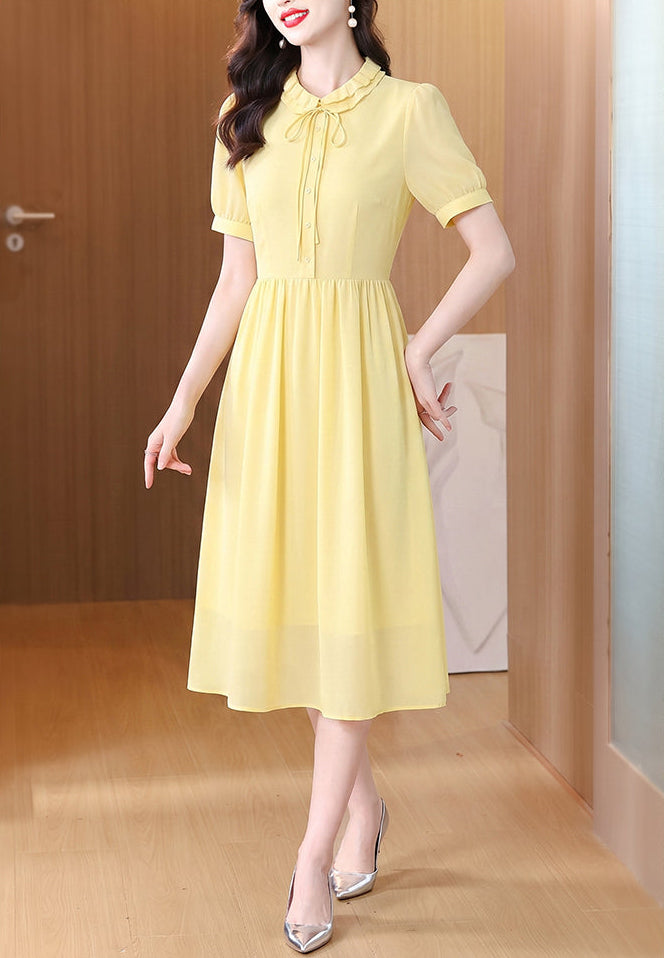 Pastel Yellow Chiffon Midi Dress - Ruffled Collar Short Sleeve A-Line Dress