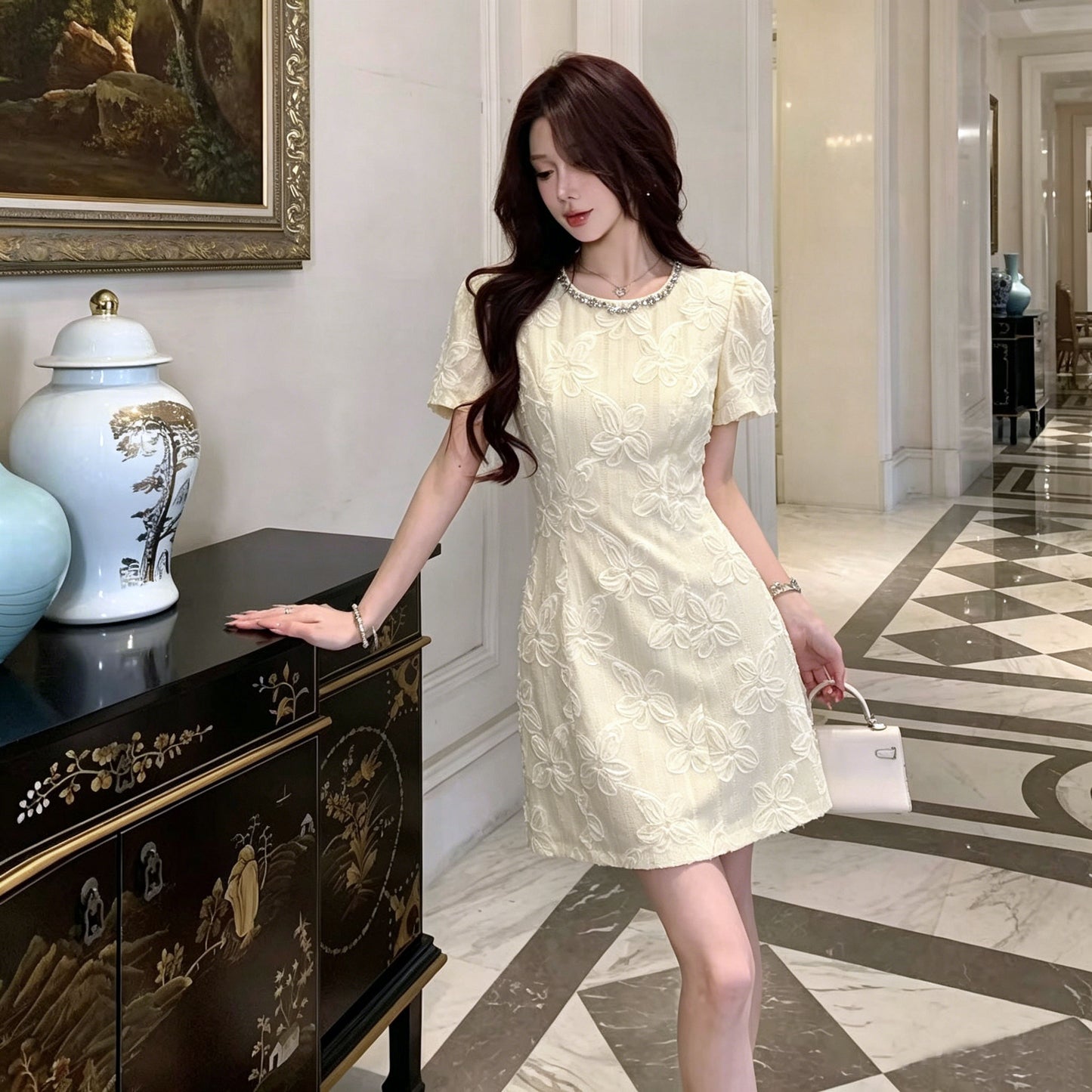 Crystal Trim Floral Textured Puff Sleeve Dress