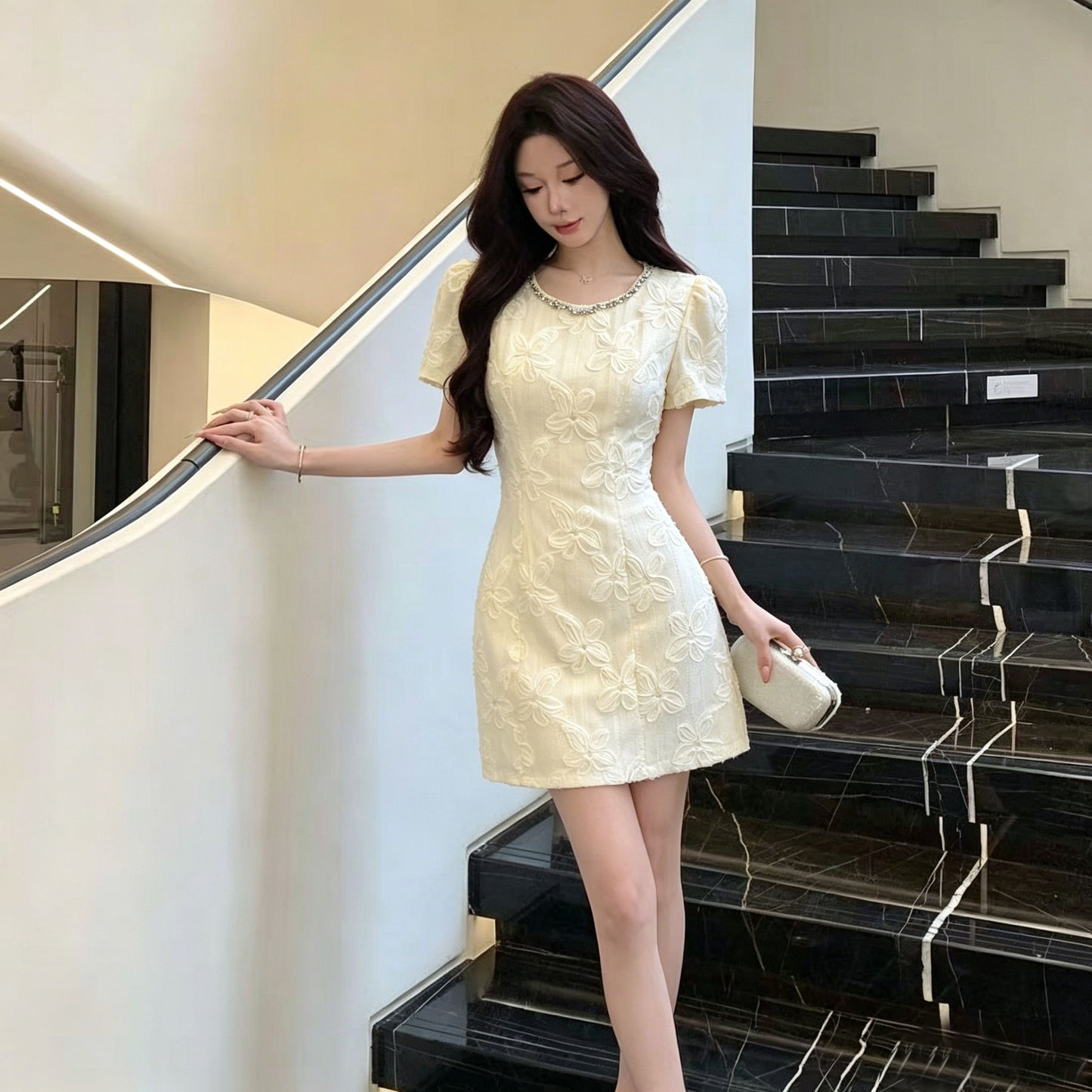 Crystal Trim Floral Textured Puff Sleeve Dress
