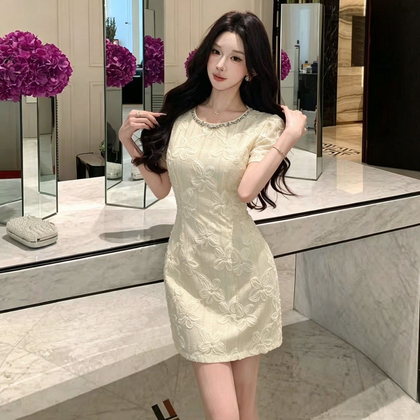 Crystal Trim Floral Textured Puff Sleeve Dress