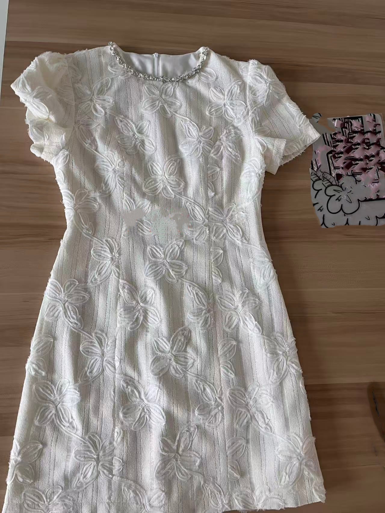 Crystal Trim Floral Textured Puff Sleeve Dress