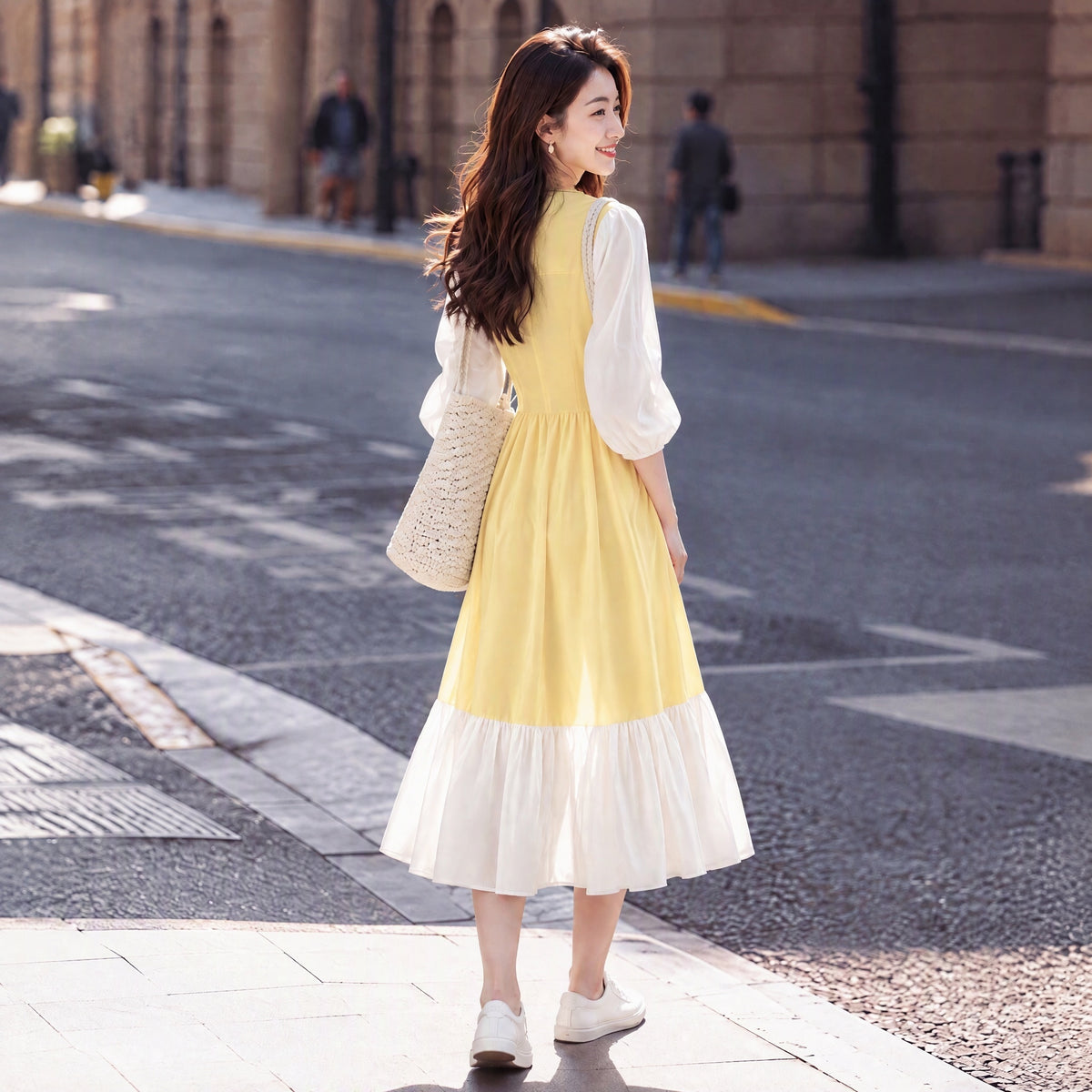 Pastel Yellow French Vintage Midi Dress with Sheer Lantern Puff Sleeves & Ruffled Hem
