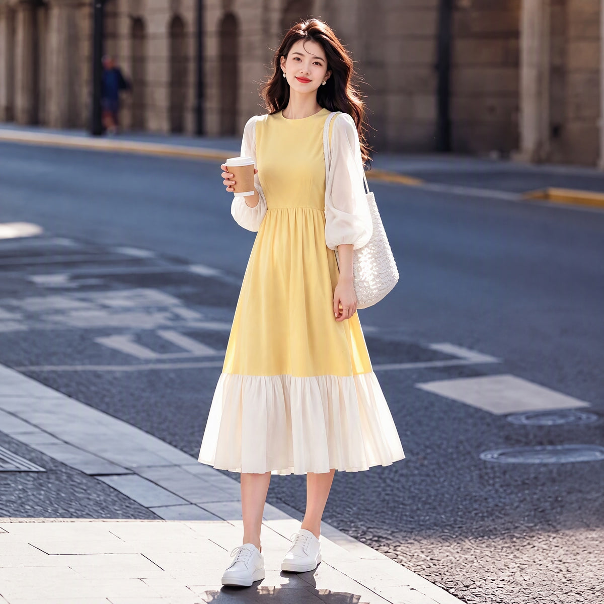 Pastel Yellow French Vintage Midi Dress with Sheer Lantern Puff Sleeves & Ruffled Hem