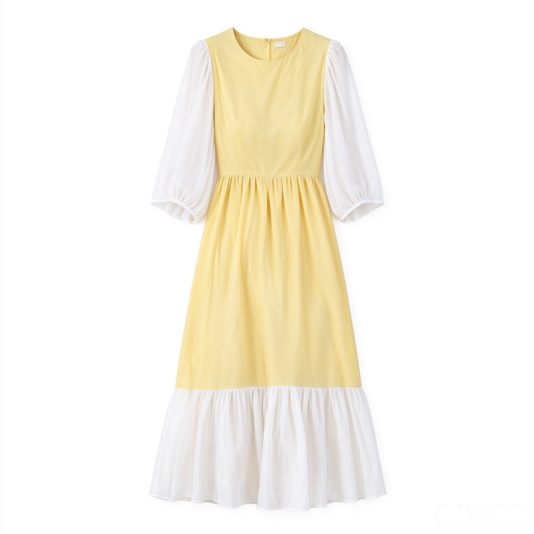 Pastel Yellow French Vintage Midi Dress with Sheer Lantern Puff Sleeves & Ruffled Hem