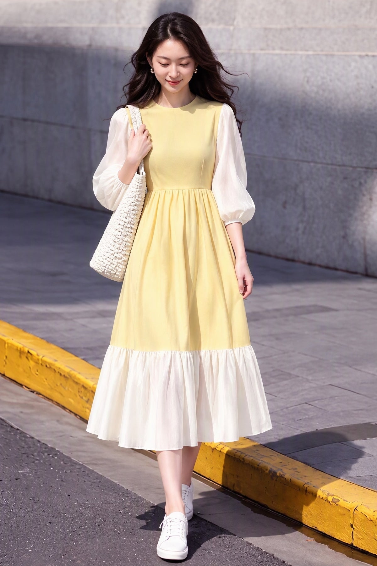 Pastel Yellow French Vintage Midi Dress with Sheer Lantern Puff Sleeves & Ruffled Hem