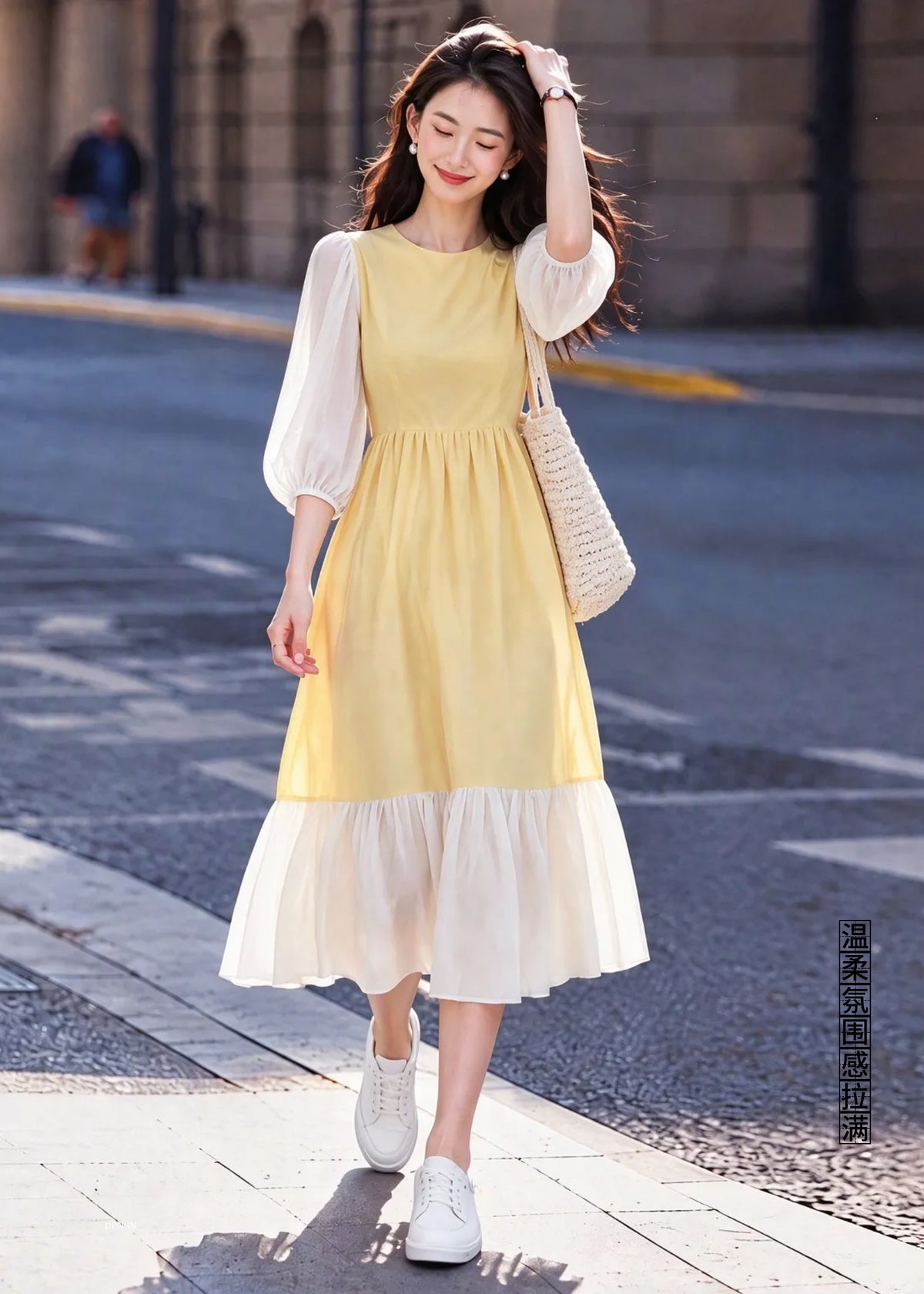 Pastel Yellow French Vintage Midi Dress with Sheer Lantern Puff Sleeves & Ruffled Hem