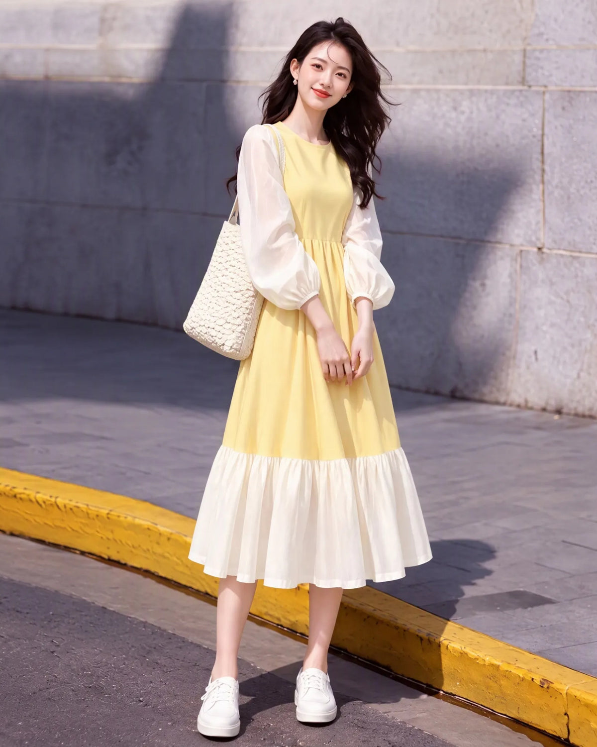 Pastel Yellow French Vintage Midi Dress with Sheer Lantern Puff Sleeves & Ruffled Hem