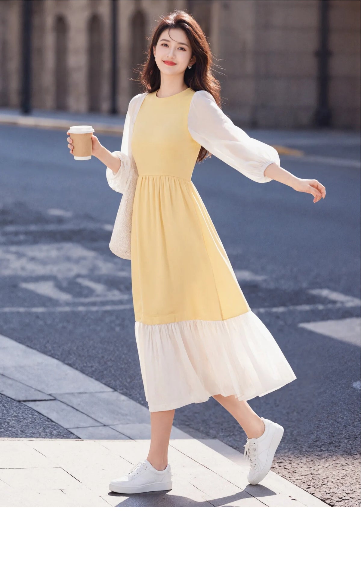 Pastel Yellow French Vintage Midi Dress with Sheer Lantern Puff Sleeves & Ruffled Hem