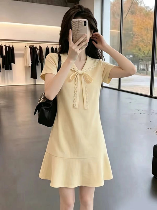 Pastel Yellow Bow Collar Mermaid Hem Dress