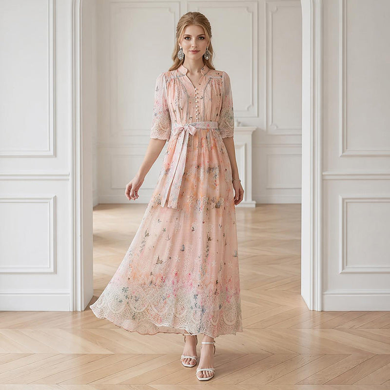 Peach Blossom Mock-Neck Chiffon Gown