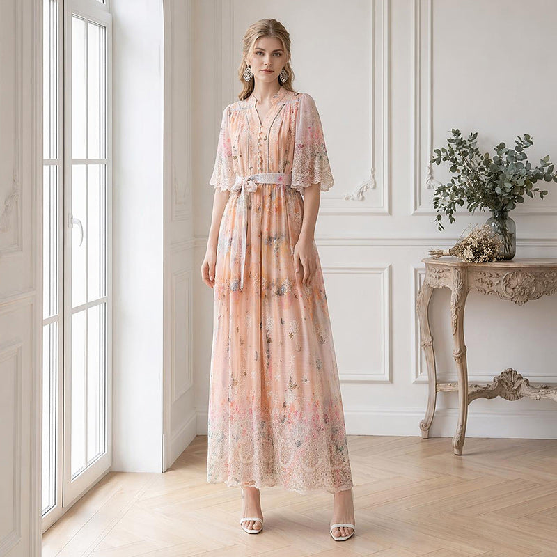 Peach Blossom Mock-Neck Chiffon Gown