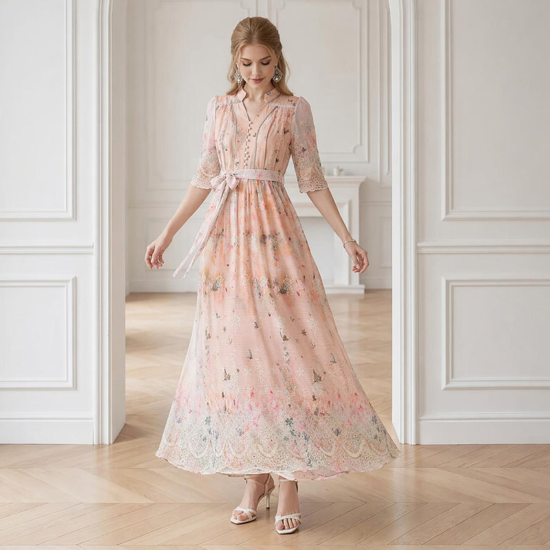Peach Blossom Mock-Neck Chiffon Gown