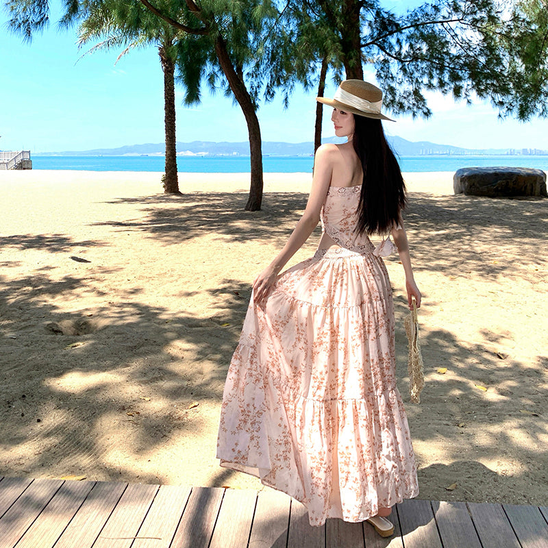 Peach Floral Lace-Trim Cutout Maxi Dress