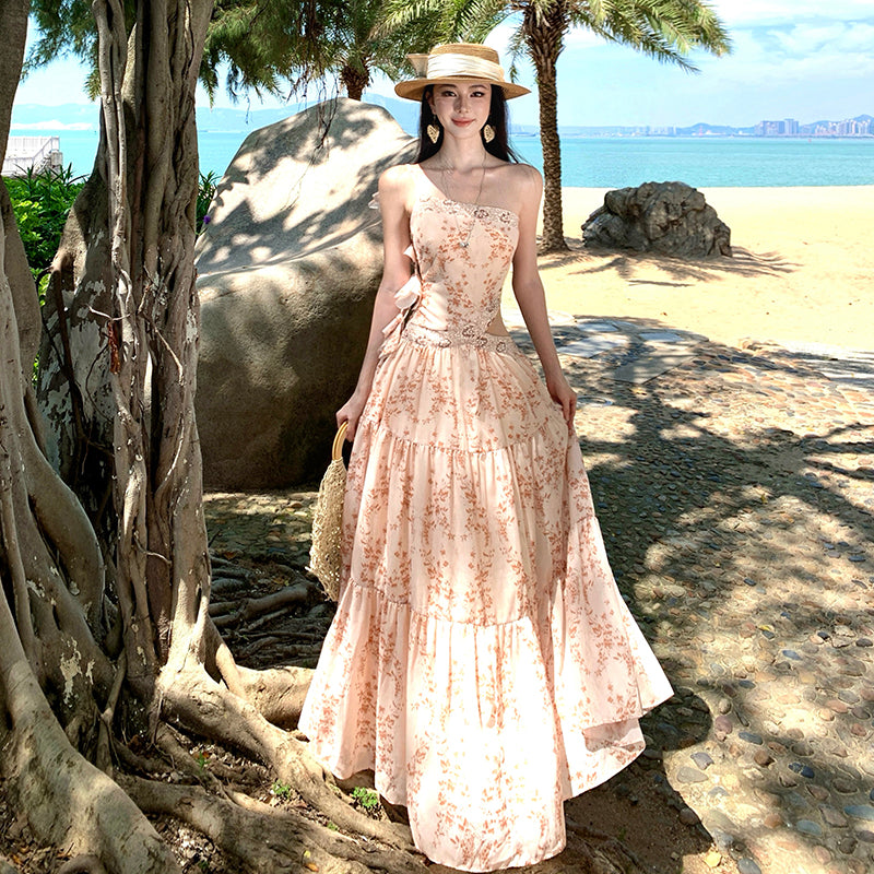 Peach Floral Lace-Trim Cutout Maxi Dress