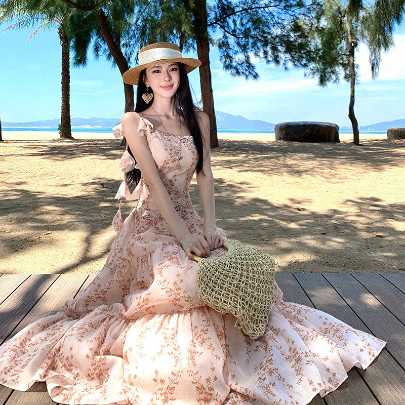 Peach Floral Lace-Trim Cutout Maxi Dress
