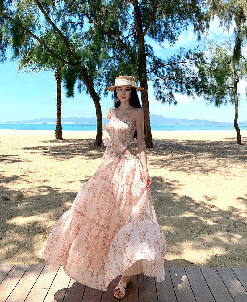 Peach Floral Lace-Trim Cutout Maxi Dress