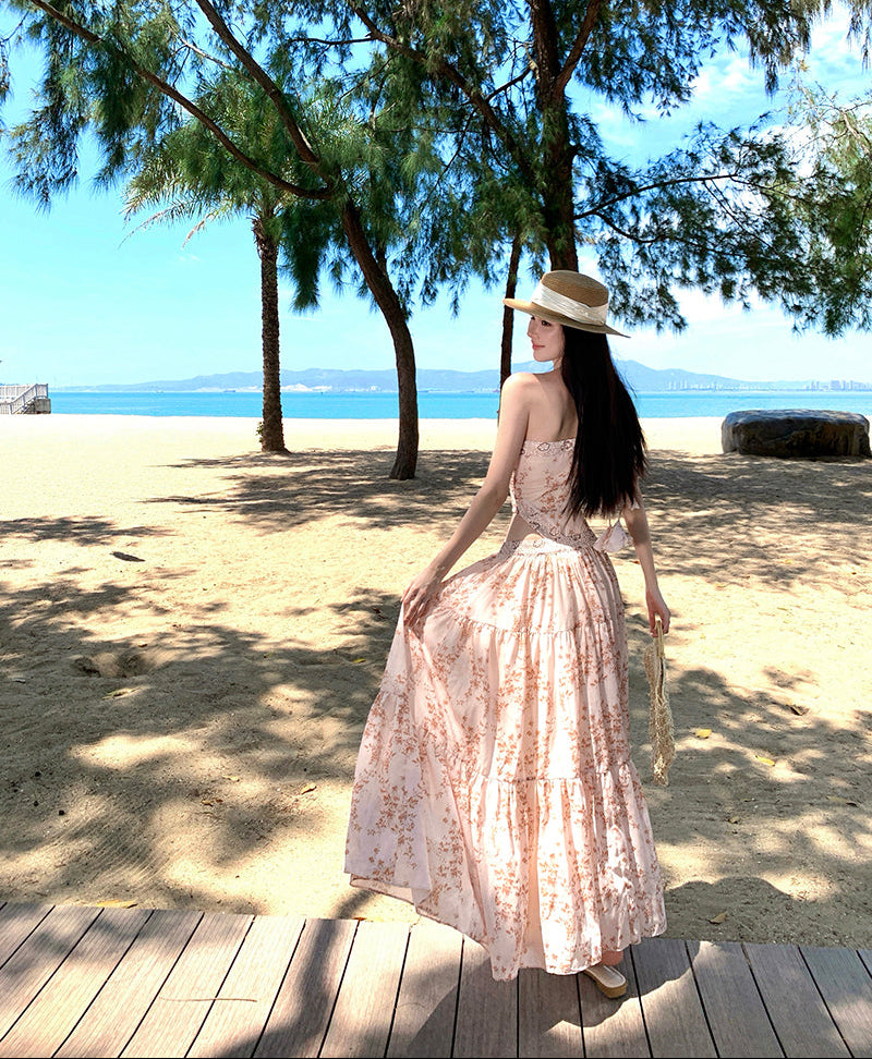 Peach Floral Lace-Trim Cutout Maxi Dress