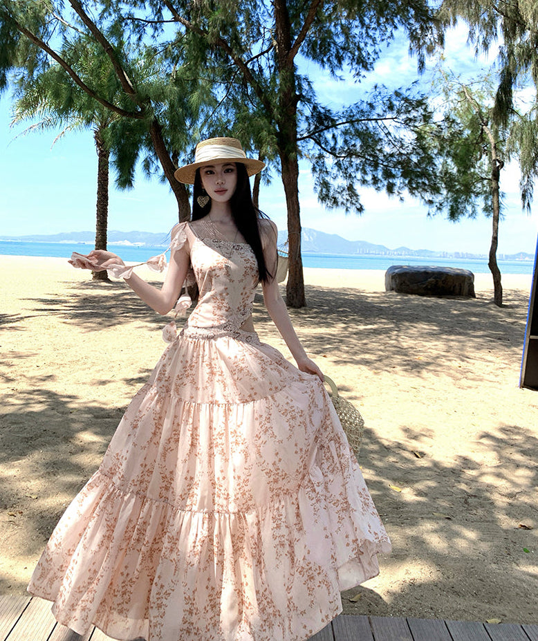 Peach Floral Lace-Trim Cutout Maxi Dress
