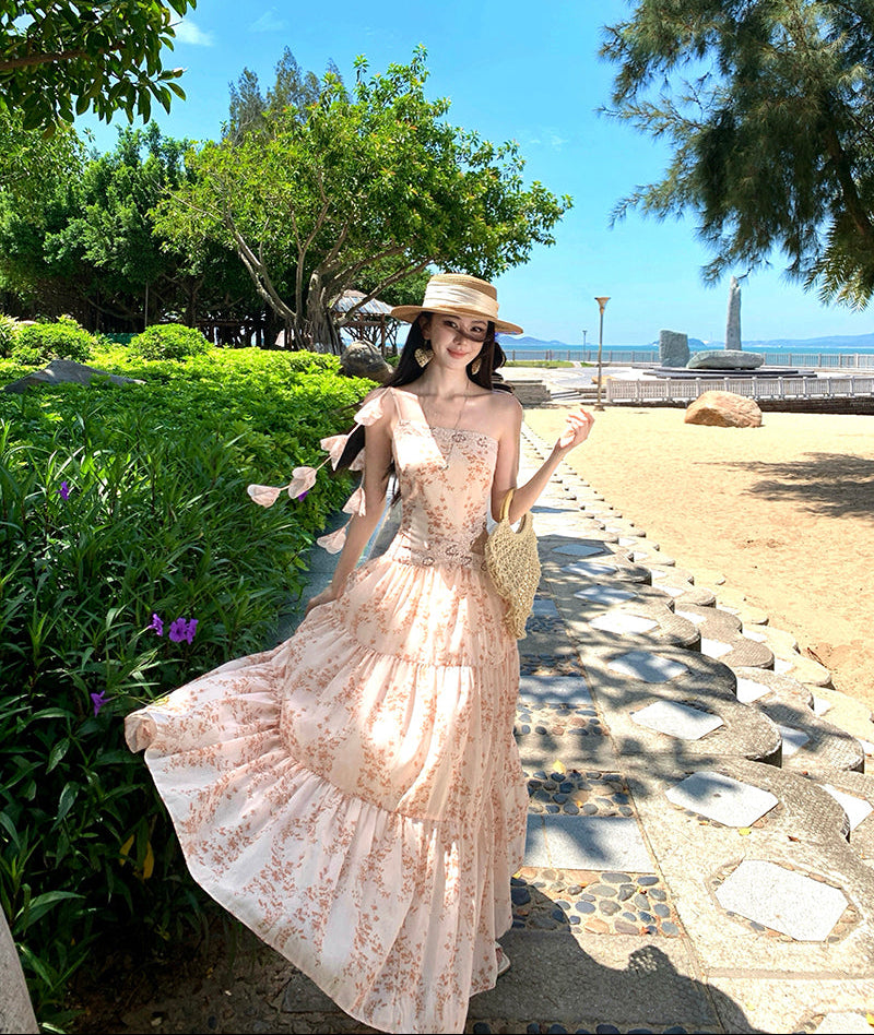 Peach Floral Lace-Trim Cutout Maxi Dress