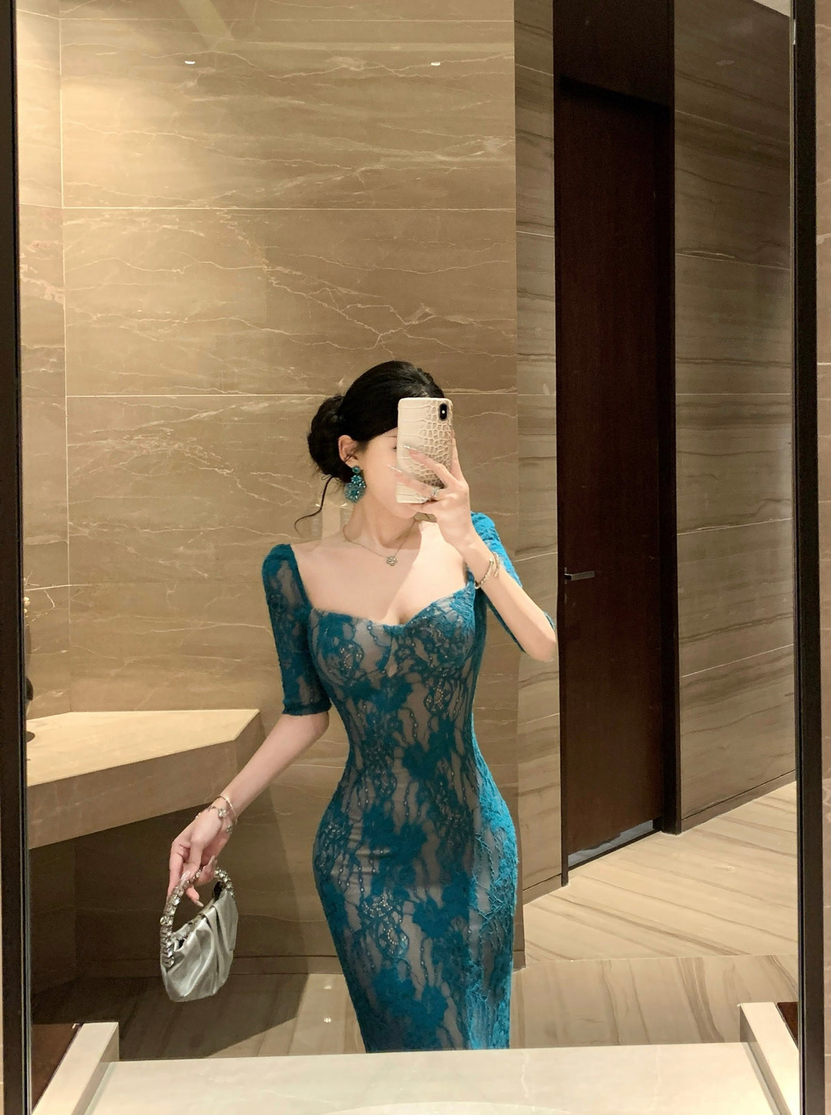 Peacock Blue Floral Lace Overlay Mermaid Evening Dress
