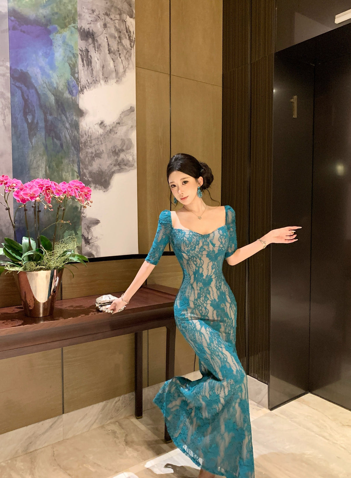 Peacock Blue Floral Lace Overlay Mermaid Evening Dress