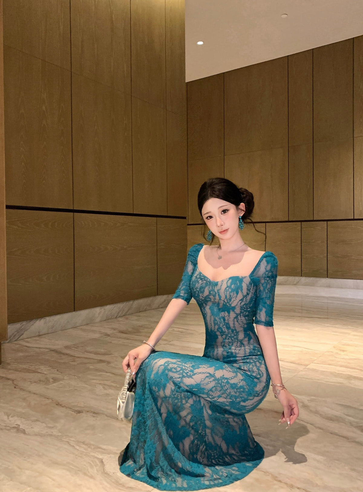 Peacock Blue Floral Lace Overlay Mermaid Evening Dress