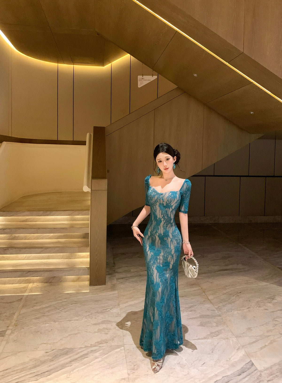 Peacock Blue Floral Lace Overlay Mermaid Evening Dress