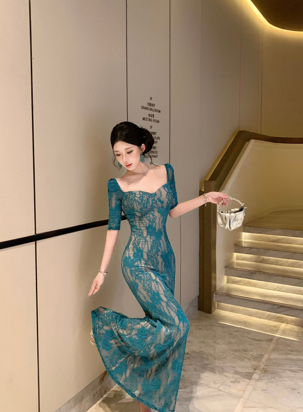 Peacock Blue Floral Lace Overlay Mermaid Evening Dress
