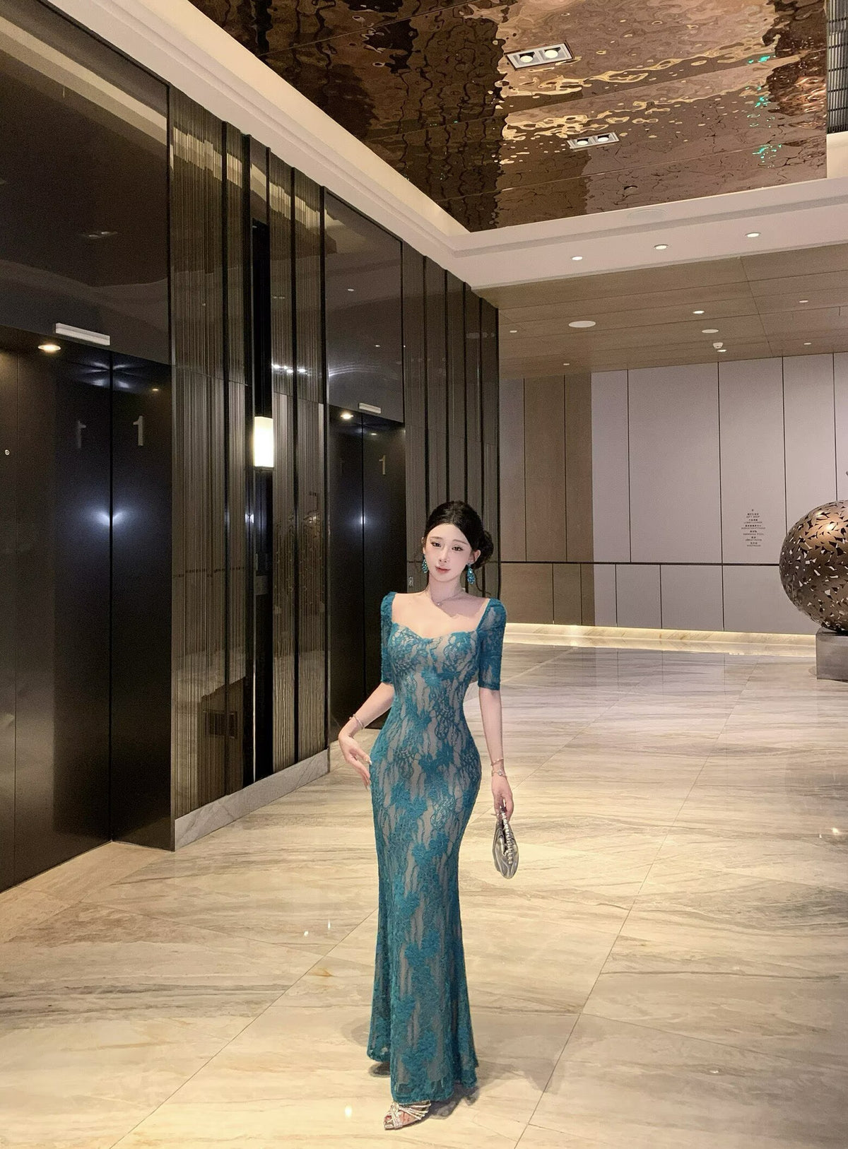 Peacock Blue Floral Lace Overlay Mermaid Evening Dress