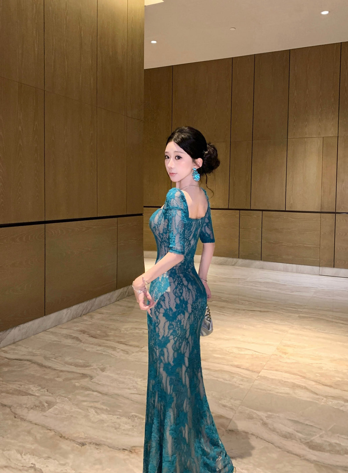 Peacock Blue Floral Lace Overlay Mermaid Evening Dress