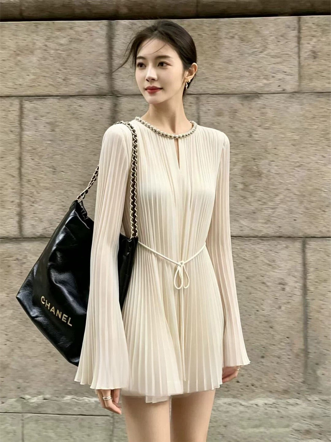 Pearl Trim Pleated Chiffon Long Sleeve Mini Dress