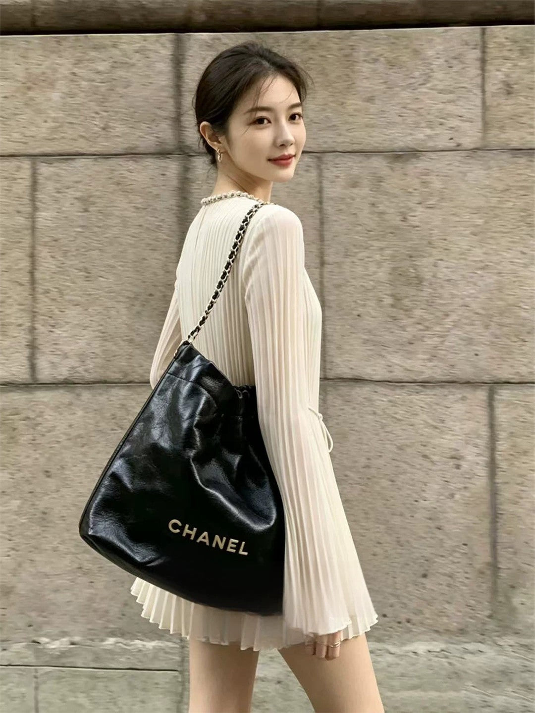 Pearl Trim Pleated Chiffon Long Sleeve Mini Dress