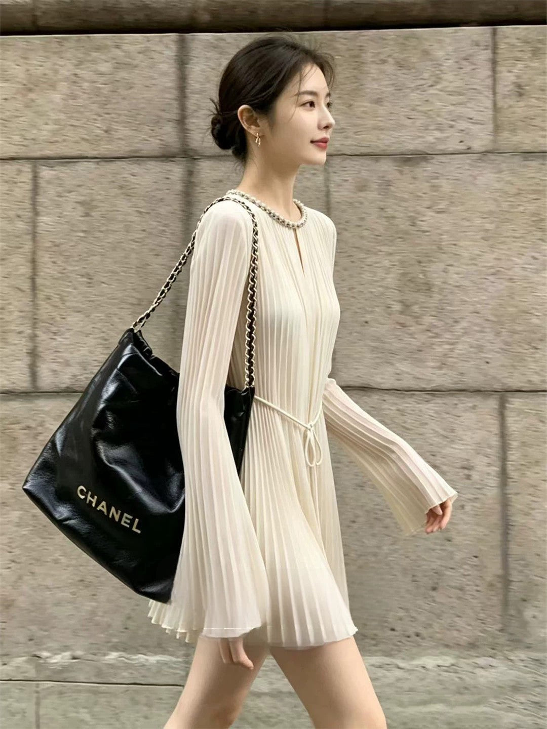 Pearl Trim Pleated Chiffon Long Sleeve Mini Dress