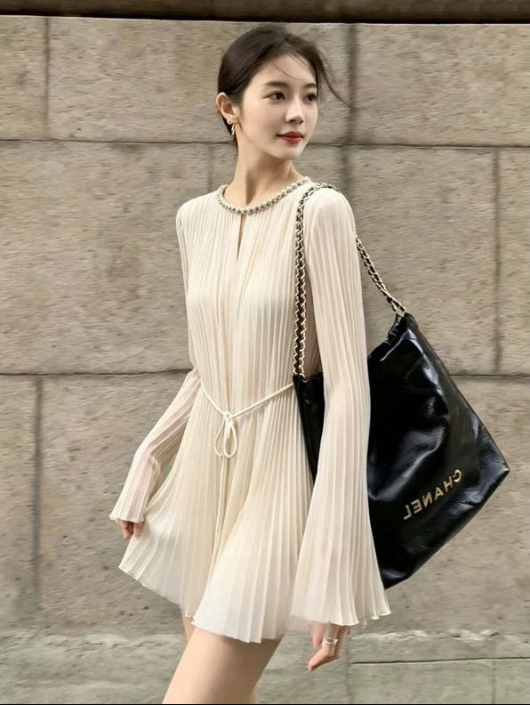 Pearl Trim Pleated Chiffon Long Sleeve Mini Dress