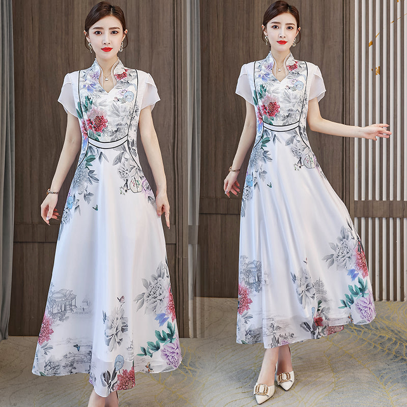 Peony Garden Chiffon A-Line Dress