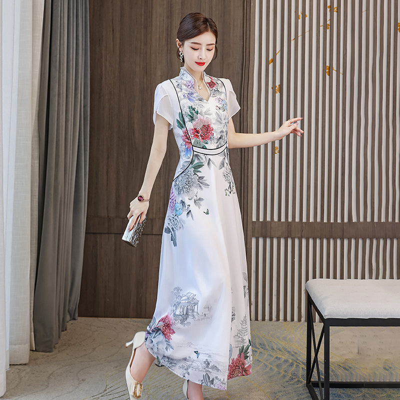 Peony Garden Chiffon A-Line Dress