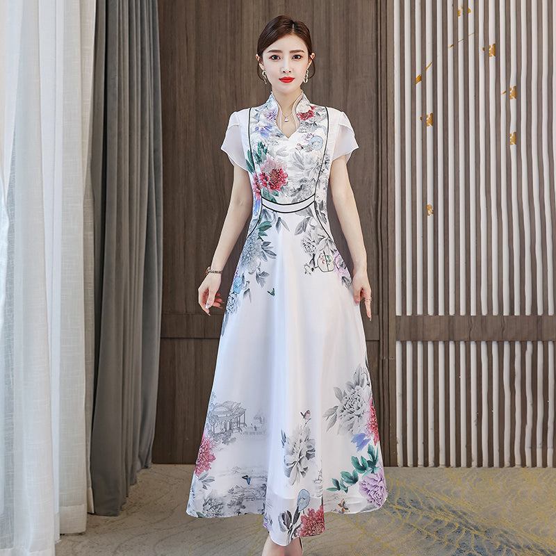 Peony Garden Chiffon A-Line Dress