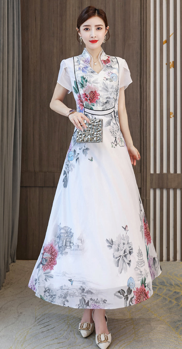 Peony Garden Chiffon A-Line Dress
