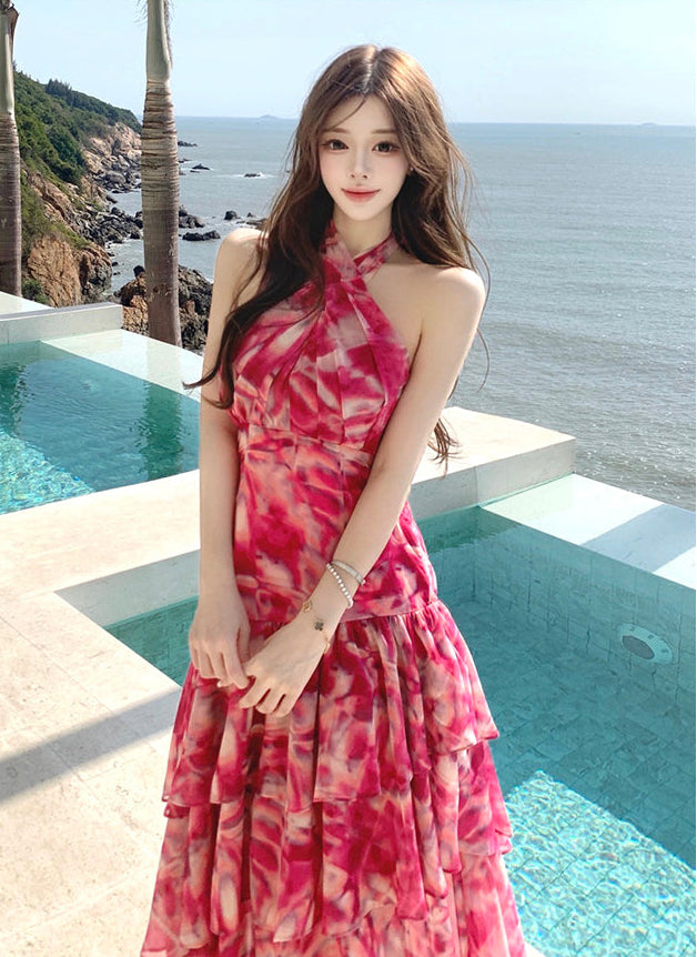 Pink Abstract Crossover Halter Tiered Maxi Dress