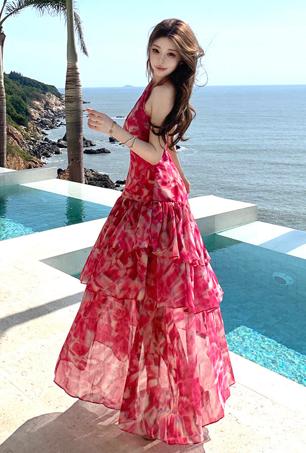 Pink Abstract Crossover Halter Tiered Maxi Dress