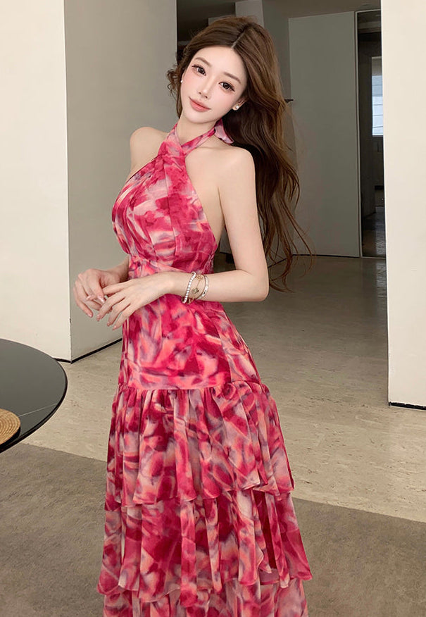 Pink Abstract Crossover Halter Tiered Maxi Dress