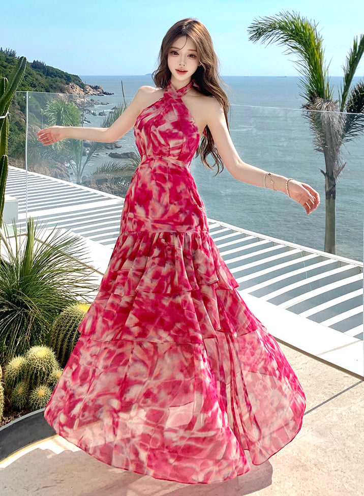 Pink Abstract Crossover Halter Tiered Maxi Dress
